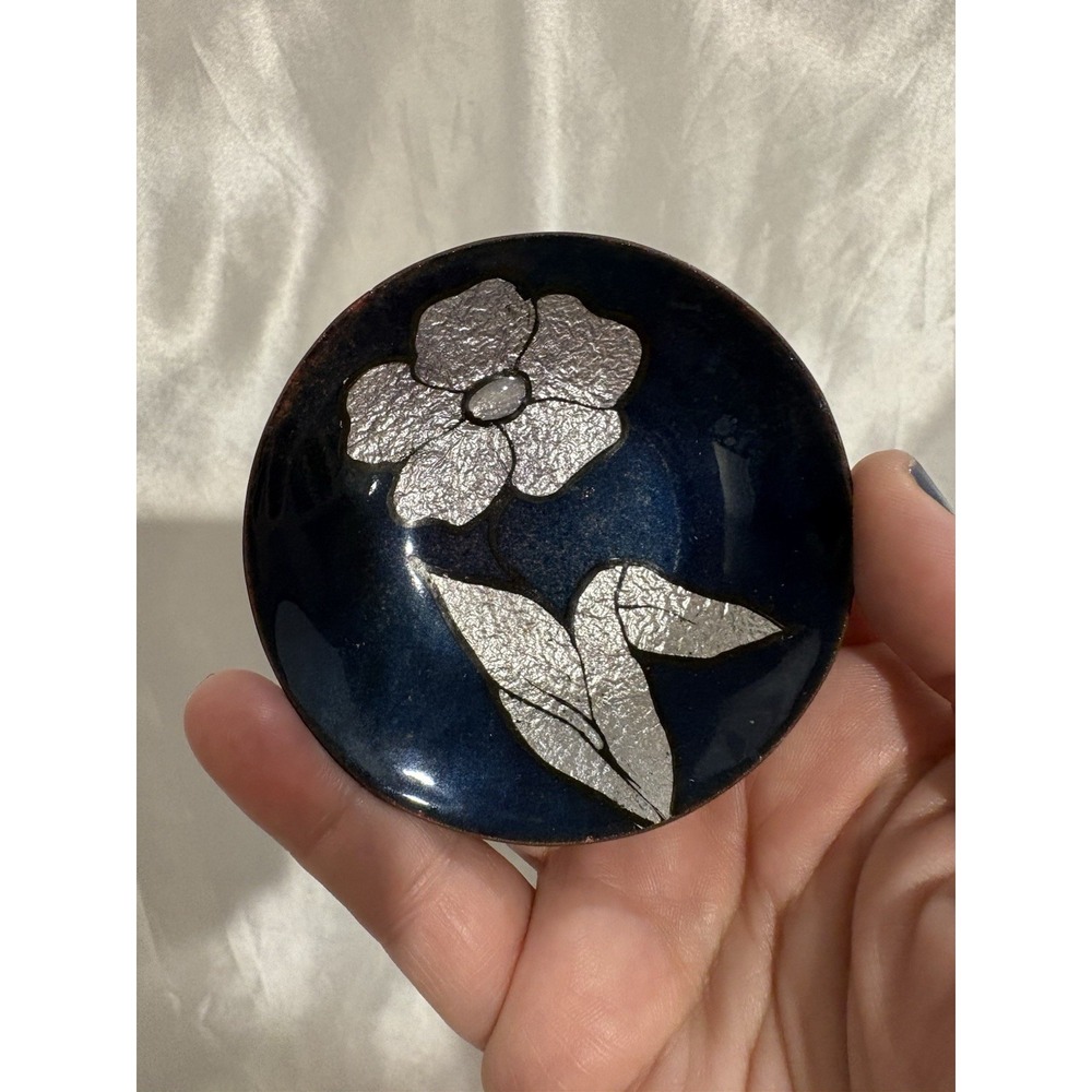 Vintage White flower Enamel On Copper Blue Green Trinket Dish MCM